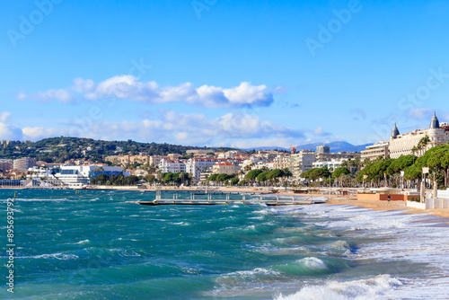 Panoramic view of the city of Cannes with old town, Palais des festivals, port, Provence, Cote d'Azur, France