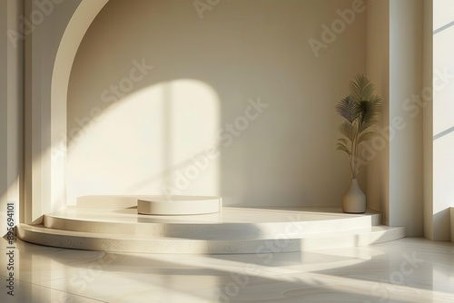 A podium for product presentation, minimalistic design, mockup scene bathed in sunlight, high-definition