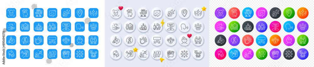 Hand, Dont touch and Friends couple line icons. Square, Gradient, Pin 3d buttons. AI, QA and map pin icons. Pack of Meeting, Buying house, Business statistics icon. Vector Hand, Dont touch and Friends couple line icons. Square, Gradient, Pin 3d buttons. AI, QA and map pin icons. Pack of Meeting, Buying house, Business statistics icon. Vector
