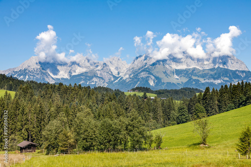 Panoramic view of Wilder Kaiser mountain range in Ktzbuehel, Tirol, Austria