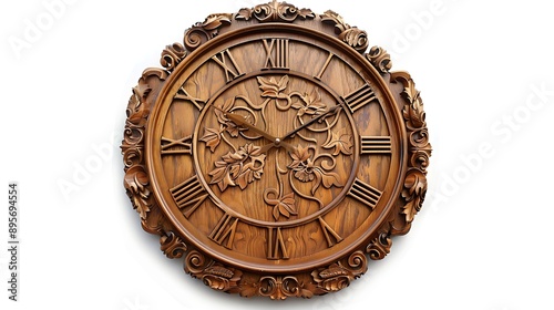 Classic wooden wall clock with ornate carvings and Roman numerals