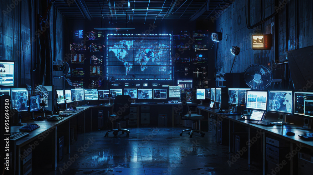 A dark room filled with computer monitors showing a system hack alert, highlighting the severity of a cyber attack A dark room filled with computer monitors showing a system hack alert, highlighting the severity of a cyber attack
