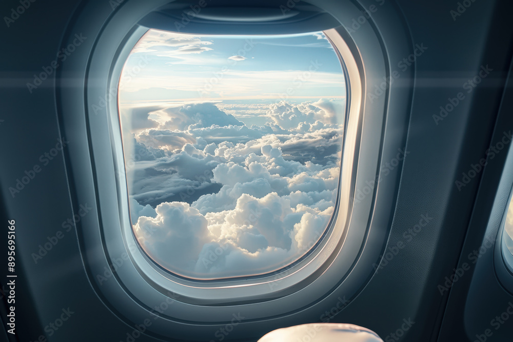 Sunlight is reflecting on a beautiful cloudy sky as seen through the window of an airplane Sunlight is reflecting on a beautiful cloudy sky as seen through the window of an airplane