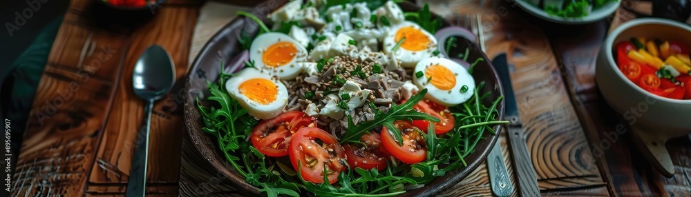 A wholesome, colorful salad with eggs, tomatoes, and greens beautifully arranged on a rustic table with fresh ingredients around. A wholesome, colorful salad with eggs, tomatoes, and greens beautifully arranged on a rustic table with fresh ingredients around.
