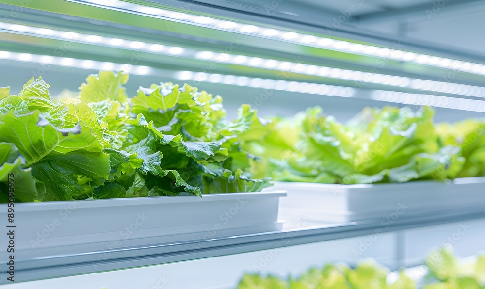LED lights and growing lettuce plants inside an indoor farm, Generative AI LED lights and growing lettuce plants inside an indoor farm, Generative AI