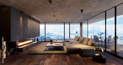 Fototapeta Naklejka Na Ścianę i Meble -  3D render of a cozy livingroom with mountain view
