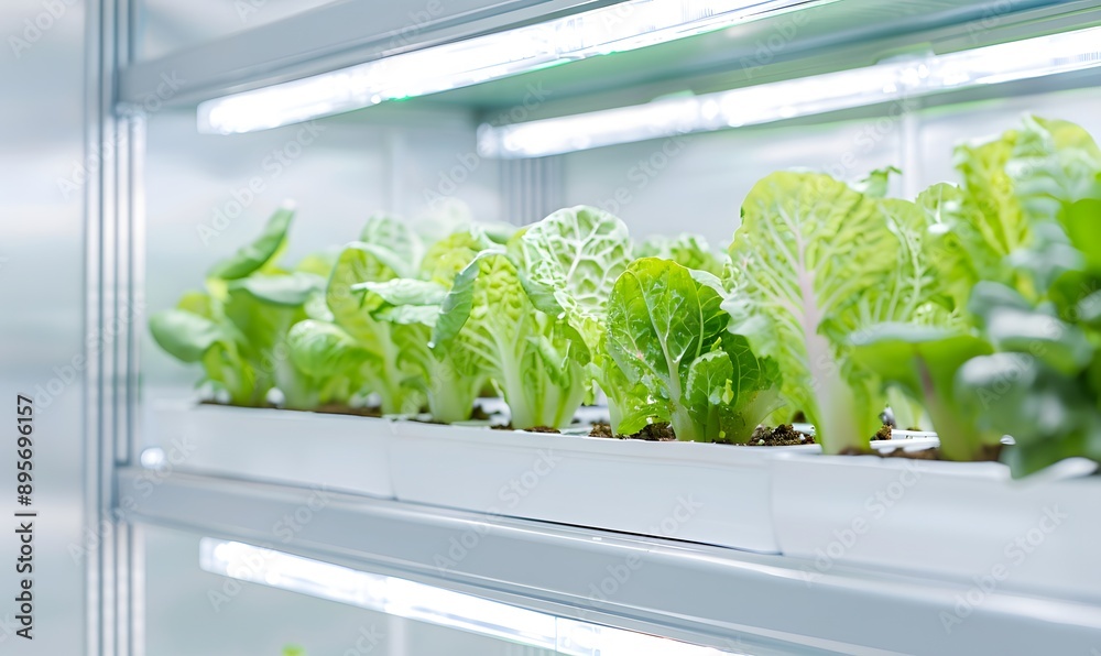 LED lights and growing lettuce plants inside an indoor farm, Generative AI LED lights and growing lettuce plants inside an indoor farm, Generative AI