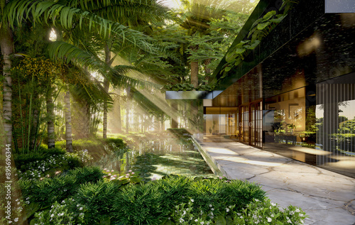 Fototapeta Naklejka Na Ścianę i Meble -  3D render of Tropical house with swimming pool in jungle