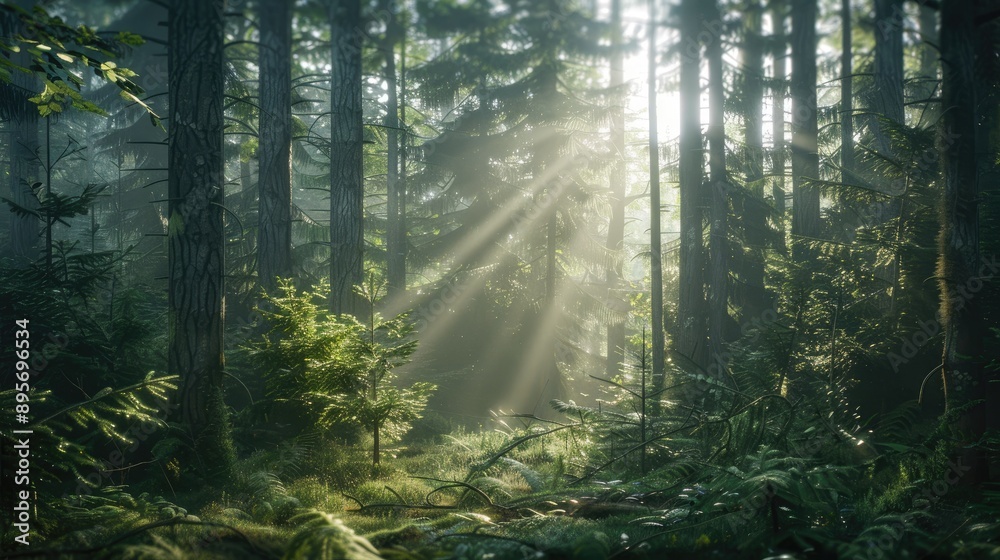 Obraz premium A dense forest with sunlight filtering through the trees