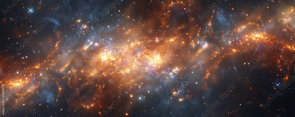 Naklejka premium Vivid Orange and Blue Star Clusters in Outer Space Nebula