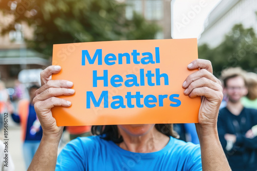 Woman is holding a large orange sign covering her face stating mental health matters at an outdoor rally