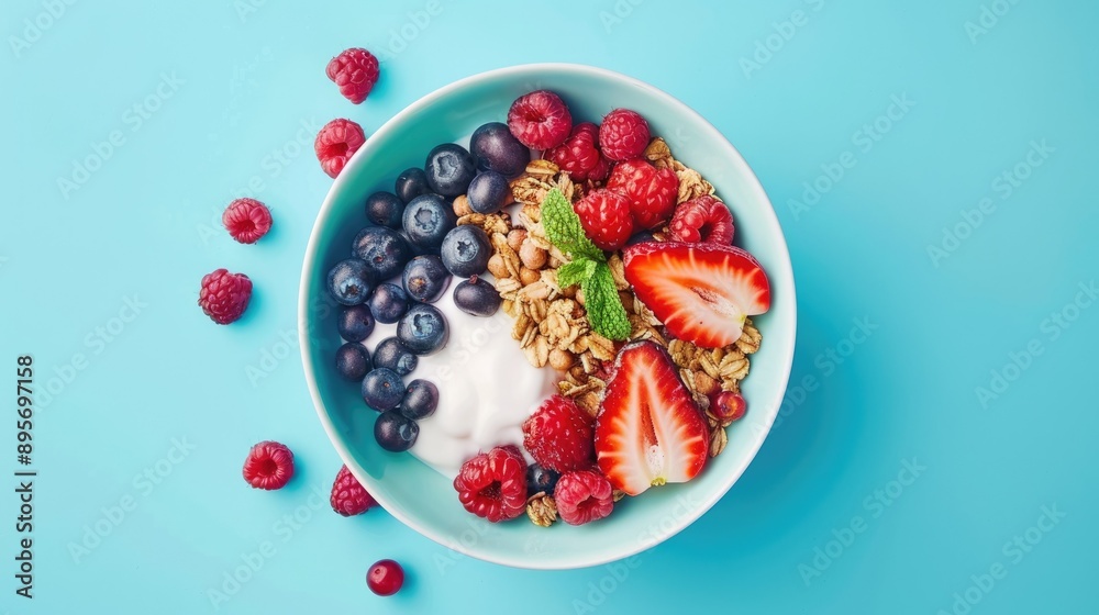A healthy breakfast bowl with granola and berries on a vibrant background
