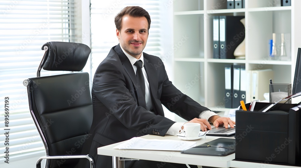 Smiling businessman working at his desk. Smiling businessman working at his desk.