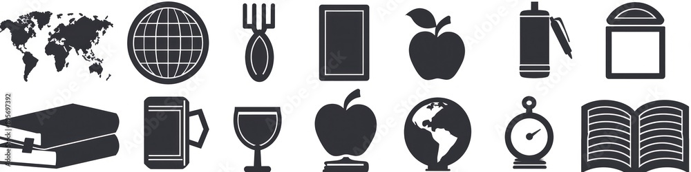School-themed black icons on white, featuring classroom elements like an apple and a globe. School-themed black icons on white, featuring classroom elements like an apple and a globe.