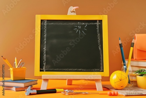 Yellow school items on elegant blackboard, perfect for education on orange.