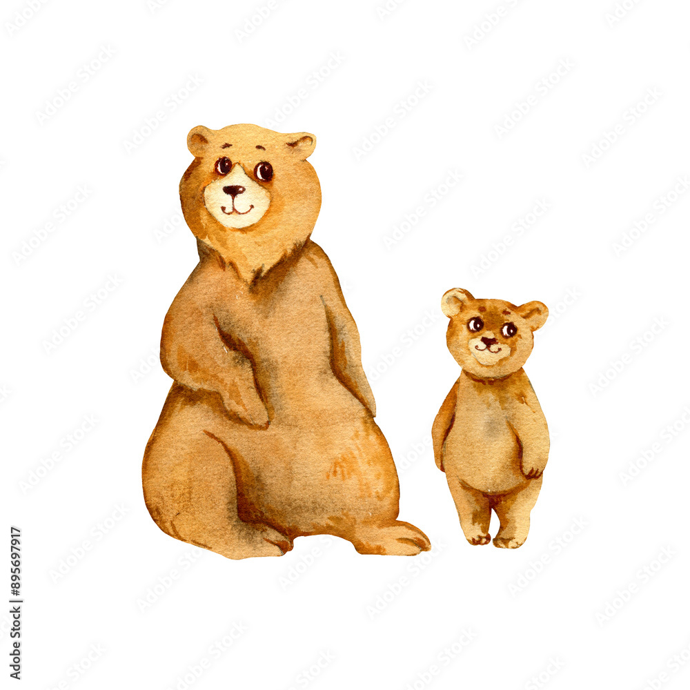 watercolor family of brown bear, sketch of cartoon adult mother bear and standing little bear cub, funny illustration on white background, for children posters watercolor family of brown bear, sketch of cartoon adult mother bear and standing little bear cub, funny illustration on white background, for children posters