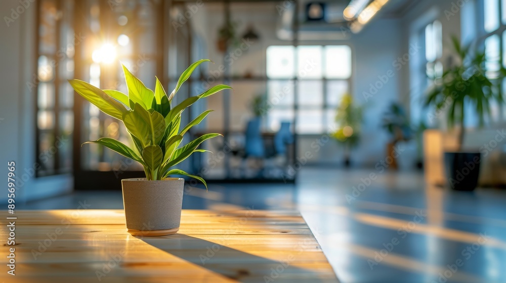 Green Plant on Wooden Table in Sunlit Office Interior Green Plant on Wooden Table in Sunlit Office Interior