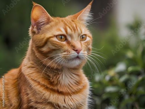 orange cat with blur background, orange cat is sitting and looking