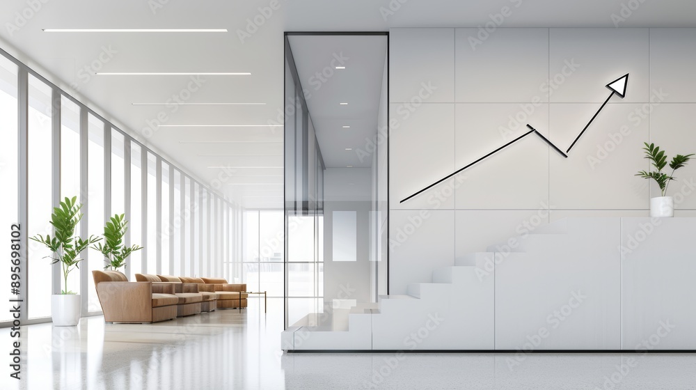 Arrows pointing upwards, symbolizing business growth, with a sleek office backdrop featuring glass walls and modern furniture Arrows pointing upwards, symbolizing business growth, with a sleek office backdrop featuring glass walls and modern furniture