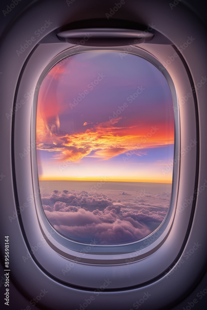 Stunning aerial view of sunset sky with colorful cloudscape from airplane window during a flight Stunning aerial view of sunset sky with colorful cloudscape from airplane window during a flight