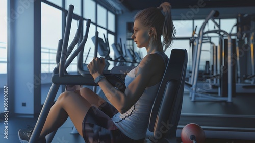 Young woman works out on a gym machine.