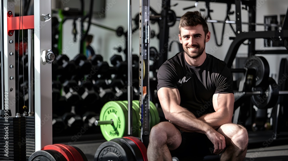 Smiling man in black shirt sitting in a gym.