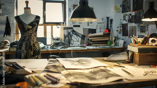 Professional Fashion Designer's Studio: An image of a fashion designer working in a creative studio, with sketches, fabrics, and a mannequin. The focus should be on the artistry and innovation of fash