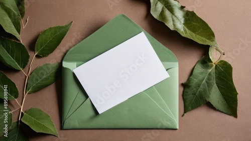 a green envelope with a white card on it