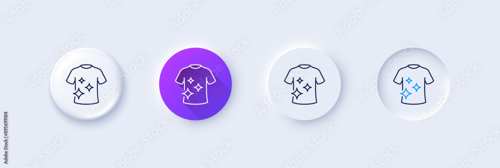 Clean t-shirt line icon. Neumorphic, Purple gradient, 3d pin buttons. Laundry shirt sign. Clothing cleaner symbol. Line icons. Neumorphic buttons with outline signs. Vector