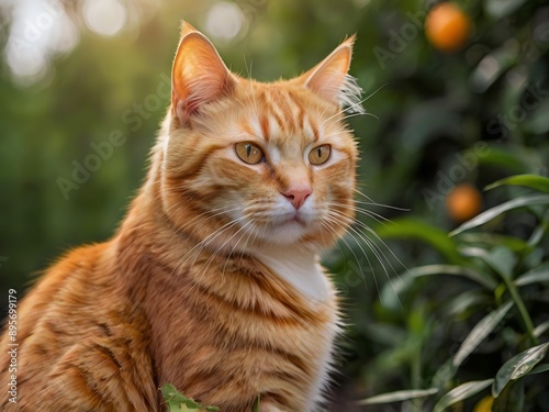 orange cat with blur background, orange cat is sitting and looking