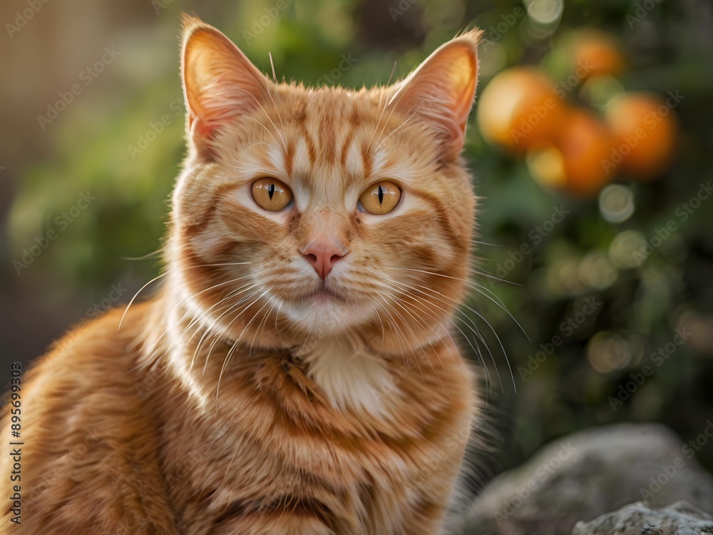orange cat with blur background, orange cat is sitting and looking