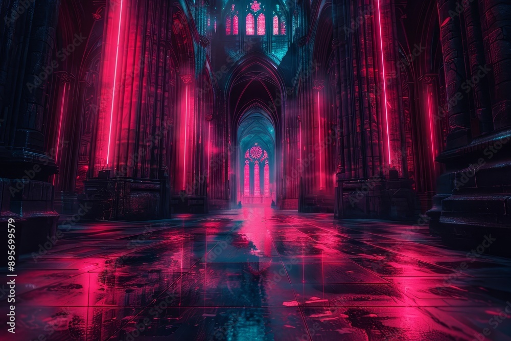 Obraz premium Futuristic Neon Lighted Corridor Reflecting Ethereal Atmosphere.
