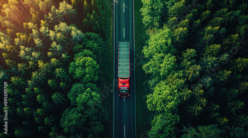 Aerial top view of truck on the highway road through green forest, natural landscape in summer time