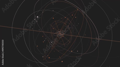 Seamless loop Complex Orbital Paths in Deep Space. Multitude of intersecting orbits in shades of orange and white, symbolizing celestial bodies or satellites in a gravitational dance
