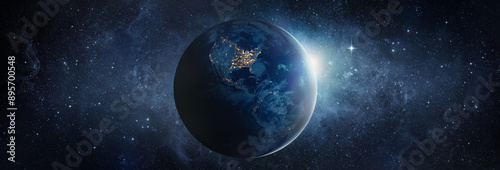 Panoramic view of the Earth, sun, star and galaxy. Sunrise over planet Earth, view from space. Elements of this image furnished by NASA