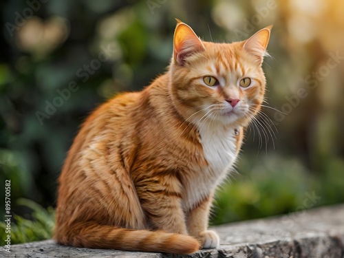 orange cat with blur background, orange cat is sitting and looking