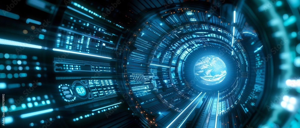 A mesmerizing digital tunnel scene with glowing blue lights and data patterns, conveying a futuristic and high-tech atmosphere. A mesmerizing digital tunnel scene with glowing blue lights and data patterns, conveying a futuristic and high-tech atmosphere.