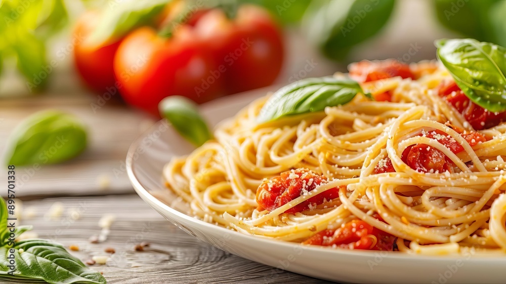 Delicious spaghetti served with fresh tomatoes and basil on a rustic wooden table, perfect for culinary delights. Delicious spaghetti served with fresh tomatoes and basil on a rustic wooden table, perfect for culinary delights.