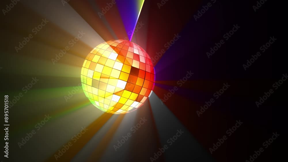 Disco ball with reflected moving rays rotating. Mirror disco ball on black background. 4k animation for your project.