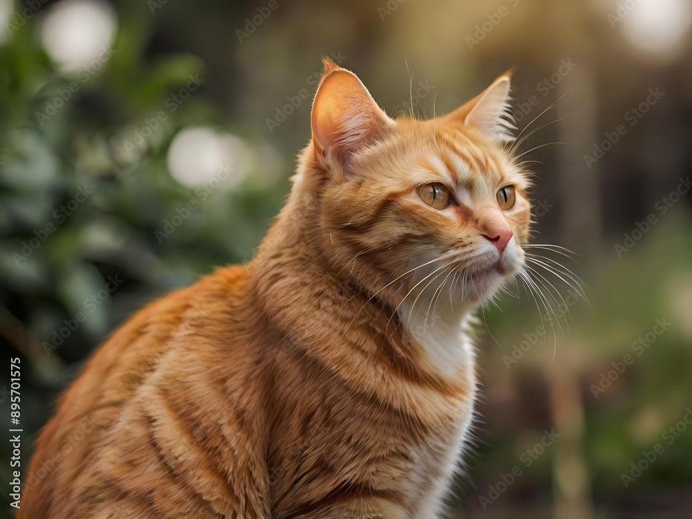 Fototapeta premium orange cat with blur background, orange cat is sitting and looking