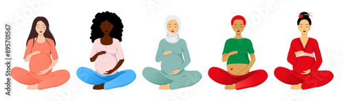 Set of pregnant women sitting in lotus pose with different ethnicity
