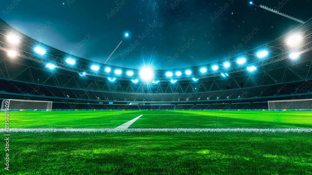 Football stadium with a green lawn illuminated by floodlights at night. Football stadium with a green lawn illuminated by floodlights at night.