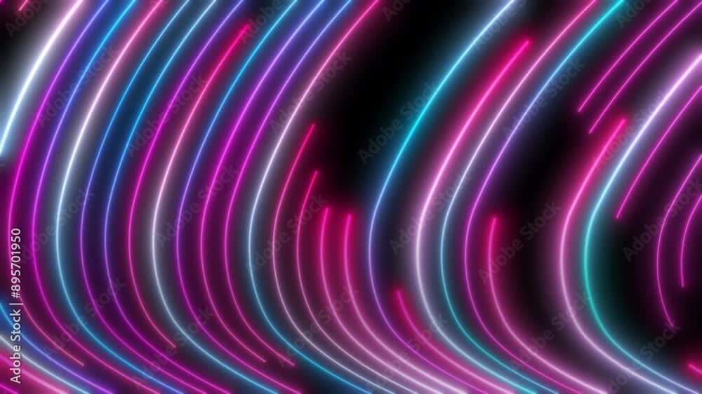 Wave motion of bright multi colored lines on black background. Abstract concept of blockchain technology, digital sound wave and artificial intelligence network. 4K video of vibrant colorful curves