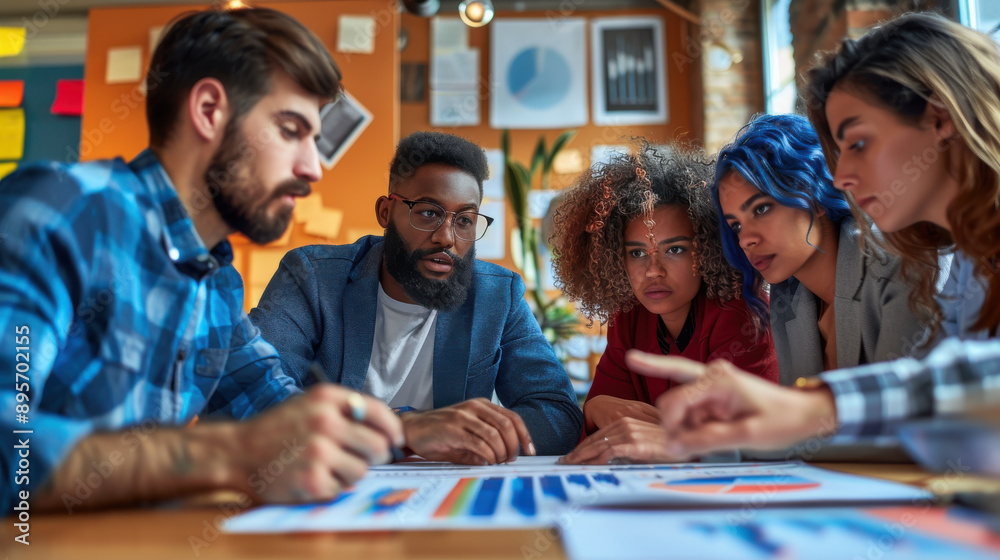 A group of business professionals analyzing financial charts and graphs during a strategy meeting. A group of business professionals analyzing financial charts and graphs during a strategy meeting.
