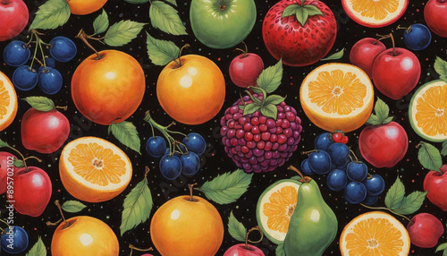 Illustrative and colorful representation of different fruits and leaves side by side