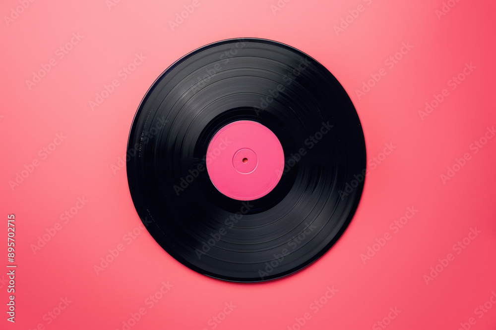 Black vinyl record with pink label lying on a pink background, offering a vibrant and minimalist take on music and audio technology Black vinyl record with pink label lying on a pink background, offering a vibrant and minimalist take on music and audio technology