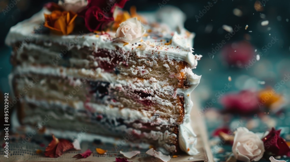 A mouth-watering layered cake garnished with flowers sits on a rustic background, showcasing the delicate interplay of flavors and artistry of baking and decoration. A mouth-watering layered cake garnished with flowers sits on a rustic background, showcasing the delicate interplay of flavors and artistry of baking and decoration.