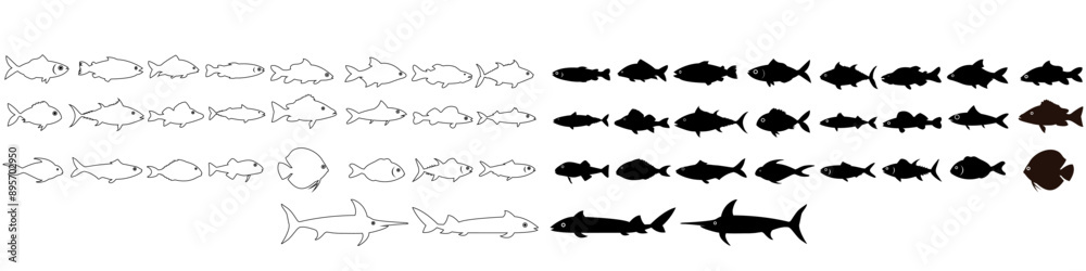 Fish icon vector set. Food illustration sign collection. Ocean symbol or logo. Fish icon vector set. Food illustration sign collection. Ocean symbol or logo.