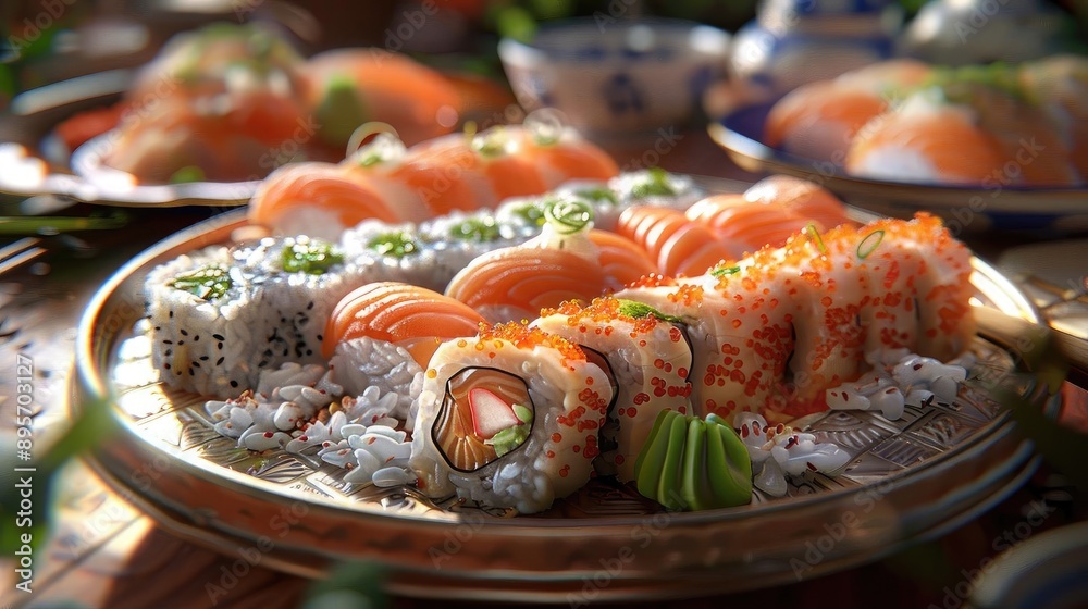 A beautifully arranged platter of assorted sushi rolls with fresh salmon, avocado, and rice on a wooden table. A beautifully arranged platter of assorted sushi rolls with fresh salmon, avocado, and rice on a wooden table.