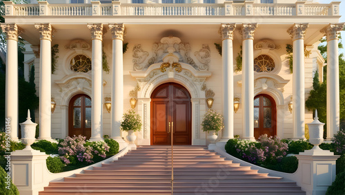 A grand exterior entrance of a luxurious mansion with ornate details